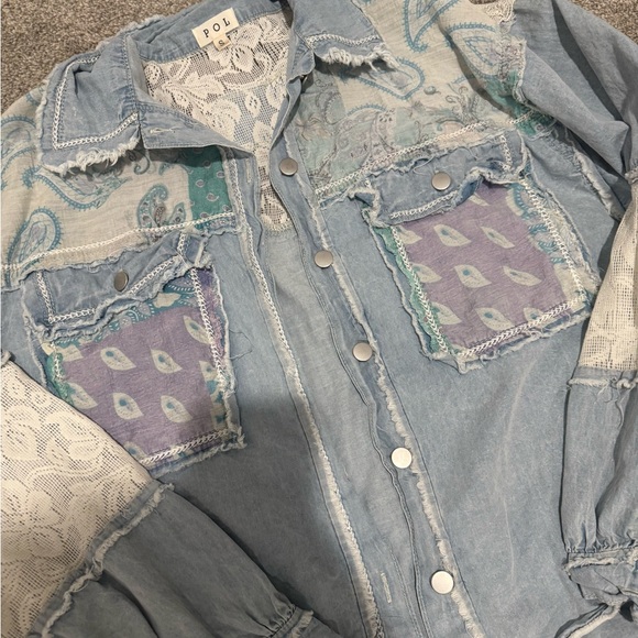 POL Mixed Patchwork Print & Light Denim Oversized Jacket - Picture 3 of 5